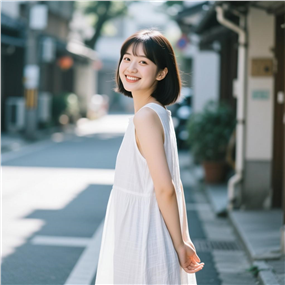 夏日街头白色棉麻连衣裙美女图片